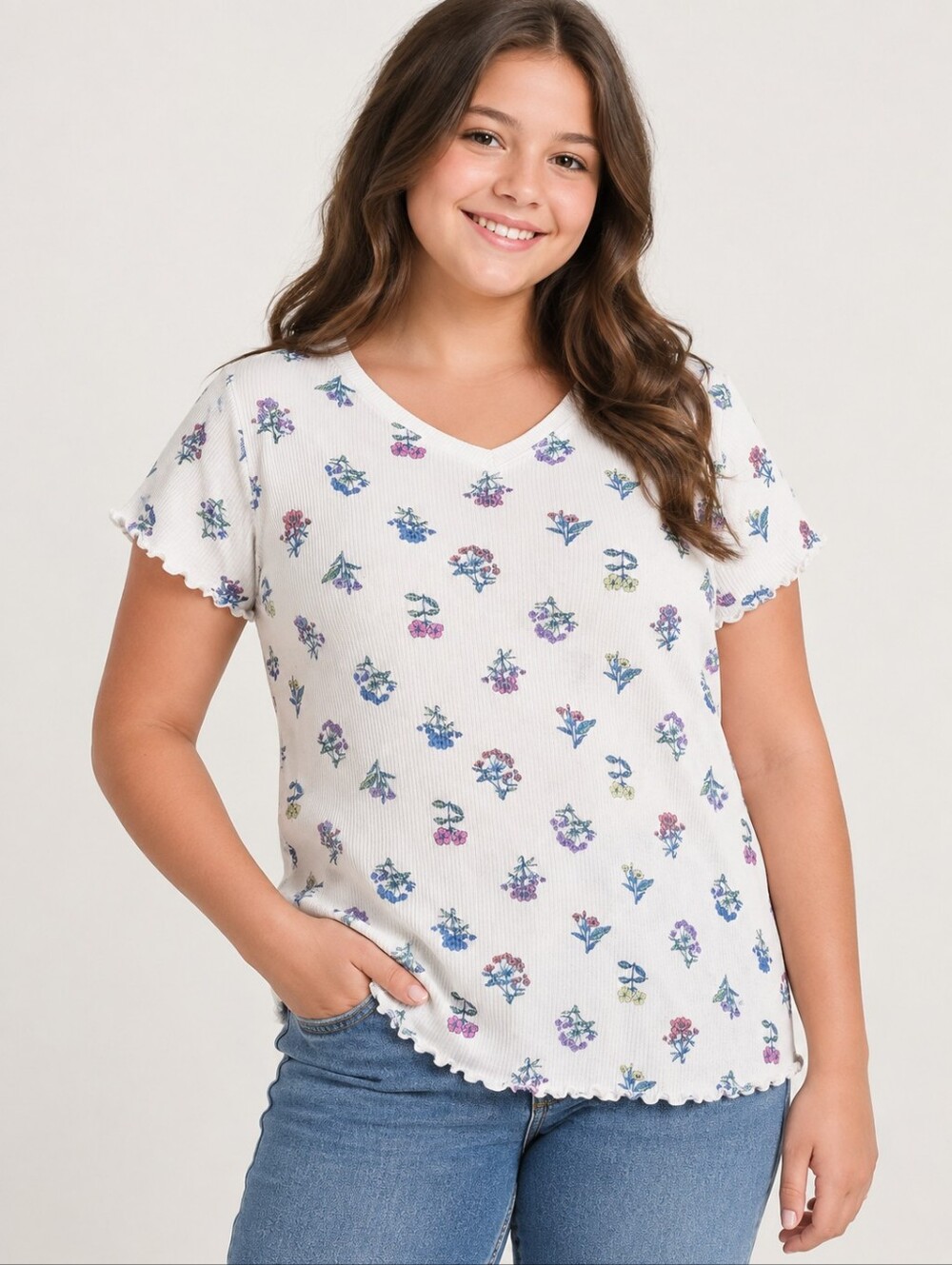 Thereabouts Floral Ribbed V-Neck Girls Plus Top 3XL 22.5P Cream Like New